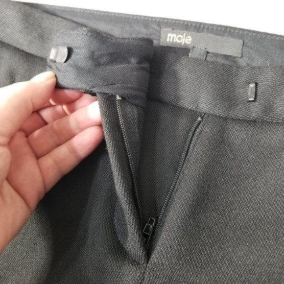 Maje Solid Black Slim Fit Lamb Leather Trim Mid-Rise Dress Pants Medium - Picture 8 of 12